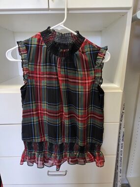 J. Crew Red and Black Plaid Ruffle Sleeveless Blouse